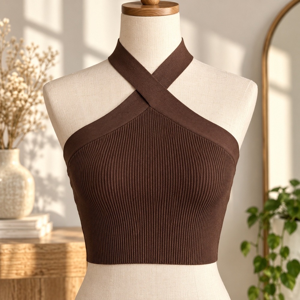 Quince Cropped Halter Ribbed Knit Tank Top M Brown Criss Cross Autumn Minimalist